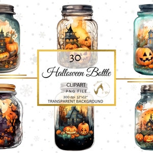Halloween in a Bottle Clipart Set, Watercolor Clipart, Halloween PNG, Spooky Halloween, Scrapbook, Paper Crafts, PNG Images, Spooky Bottles