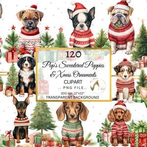Paquete de imágenes prediseñadas de perros navideños en acuarela, 30 razas de perros con un feo suéter navideño, regalos navideños, creación de tarjetas, álbumes de recortes, árbol de Navidad
