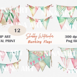 Shabby Chic Aquarell Wimpel Flaggen Clipart, Flaggen und Banner, süße Flaggen PNG, Floral PNG, Banner Blumen Kein Hintergrund, kommerzielle Nutzung