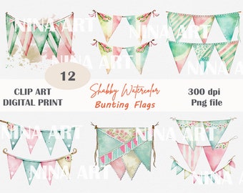 Shabby Chic Watercolor Bunting Flags Clipart, Flags and Banner, Cute Flags PNG, Floral PNG, Banner Flowers No background, Commercial Use