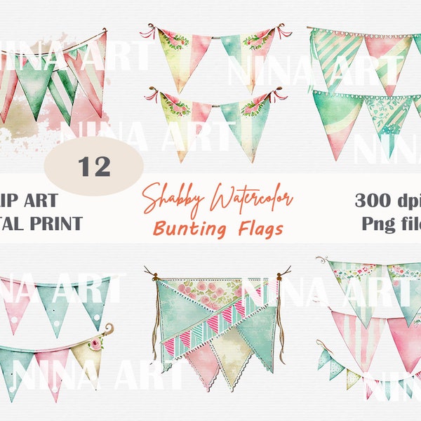 Shabby Chic Watercolor Bunting Flags Clipart, Flags and Banner, Cute Flags PNG, Floral PNG, Banner Flowers No background, Commercial Use