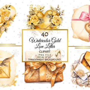 Op de afbeelding: Waterverfillustraties met gouden rozen, harten en enveloppen. Een geschenkdoos met een gouden strik en een roze lint om een pakket is ook afgebeeld. De tekst luidt "40 Watercolor Gold Love Letter Clipart".