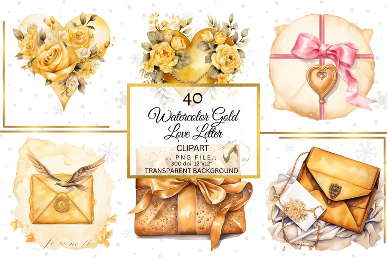 Op de afbeelding: Waterverfillustraties met gouden rozen, harten en enveloppen. Een geschenkdoos met een gouden strik en een roze lint om een pakket is ook afgebeeld. De tekst luidt "40 Watercolor Gold Love Letter Clipart".