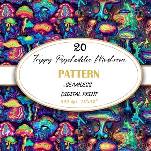 Carta digitale di funghi psichedelici Trippy, modello digitale di funghi olografici modello digitale, luminoso iridescente, licenza commerciale