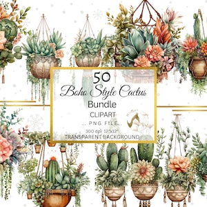 Paquete de imágenes prediseñadas de cactus de acuarela, formato PNG de cactus del desierto, imágenes prediseñadas de suculentas de acuarela, imágenes prediseñadas de suculentas boho, imágenes prediseñadas de cactus boho PNG