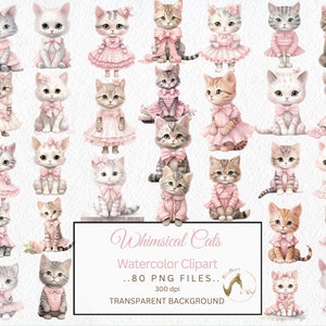 Chats fantaisistes aquarelles en robe rose, téléchargement numérique, clipart chats aquarelle, clipart chats mignons aquarelle, clipart usage Commercial