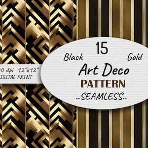 15 Abstract Vintage Art Deco Digital Paper, Seamless Retro Art Deco Patterns in Black Gold, Black and Gold Retro Art Deco Patterns, NiiiNart