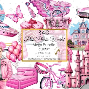 Watercolor Pink Plastic World Clipart Bundle, Girls Decor Clipart, Pink Girls Clipart, Princess Clipart, Sublimation, Doll Clipart