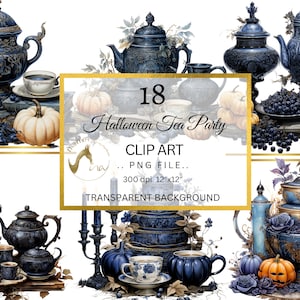 Clipart festa del tè di Halloween, set da tè floreale, clipart teiera, tè, set tazza da tè PNG, clipart rose, sfondo trasparente, uso commerciale