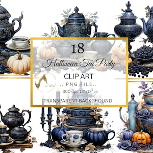 Halloween Tea Party Clipart, Floral Tea Set,  Tea Pot clipart, Tea, Tea Cup Set PNG, Roses Clipart, Transparent Background, Commercial Use