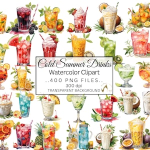 Summer Drinks, Cocktails Clipart, 400 Watercolour Cocktail Clipart, Alcohol Illustrations, Non Alcoholic Drinks, Beverages, Summer Fruits