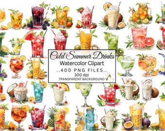 Watercolor Summer Drinks Clipart, 400 PNG Files (Digital Download)