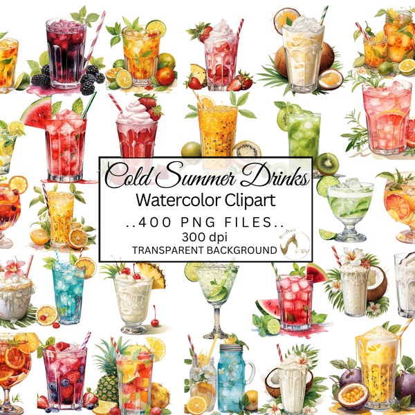 Summer Drinks, Cocktails Clipart, 400 Watercolour Cocktail Clipart, Alcohol Illustrations, Non Alcoholic Drinks, Beverages, Summer Fruits