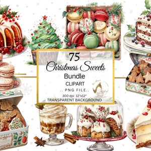 Pacchetto di clipart di dolci natalizi dell'acquerello, caramelle natalizie, biscotti, pan di zenzero, torta di Natale, cupcakes, biscotti, sfondo trasparente
