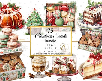 Watercolor Christmas Sweets Clipart Bundle, Christmas Candy, Cookies, Gingerbread, Christmas Cake, Cupcakes, Cookies, Transparent Background