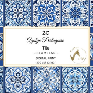 Azulejos bleu portugais carreaux motif numérique, carreaux azulejos, carreau méditerranéen, papier numérique bleu profond et bleu clair, usage commercial