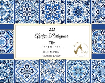 Blue Azulejo Portuguese Tile Digital Paper Pattern (Commercial Use)