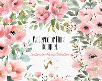 Watercolor Pink Floral Bouquet Clipart, Green Leaves (Digital Download)