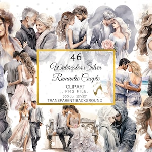 Paquete de imágenes prediseñadas de pareja de amor de plata de acuarela, parejas románticas, amantes PNG, relación romántica, imágenes prediseñadas del día de la boda PNG, imágenes prediseñadas de matrimonio