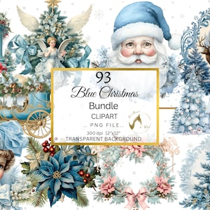 Watercolor Blue Christmas Clipart PNG Bundle, Blue Winter Christmas Card Clipart, Blue Christmas, Blue Holiday, Blue Xmas png, Blue Santa