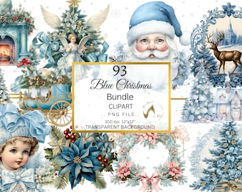 Watercolor Blue Christmas Clipart PNG Bundle, Blue Winter Christmas Card Clipart, Blue Christmas, Blue Holiday, Blue Xmas png, Blue Santa