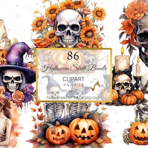 Halloween Skeleton Pumpkin Watercolor Clipart Bundle, Halloween Skull Clipart PNG, Scary art Clipart, Paper craft,Junk Journal, Scrapbooking