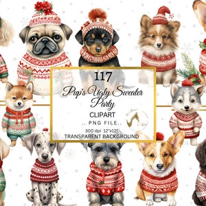 Pacchetto di clipart per cani di Natale dell'acquerello, 30 razze di cani che indossano un brutto maglione natalizio, regali di Natale, creazione di cartoline, scrapbooking