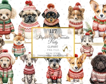 Watercolor Christmas Dogs Clipart Bundle, 30 Dog breeds wearing christmas Ugly Sweater, christmas gifts, card making, scrapbooking