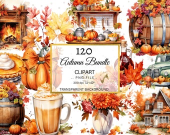 Watercolor Autumn Clipart, Fall Leaves, Pumpkins, 120 PNG Illustrations (Digital Download)
