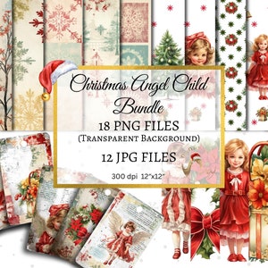 Watercolor Christmas Angel Clipart Bundle, Shabby Chic Tags (Digital Download)