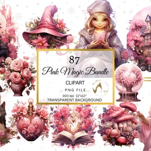Pink Magic Clipart Bundle, Magic Witch clipart PNG, Witches PNG, Scrapbook, Junk Journal, Paper Crafts Scrapbooking, Pink fantasy Clipart