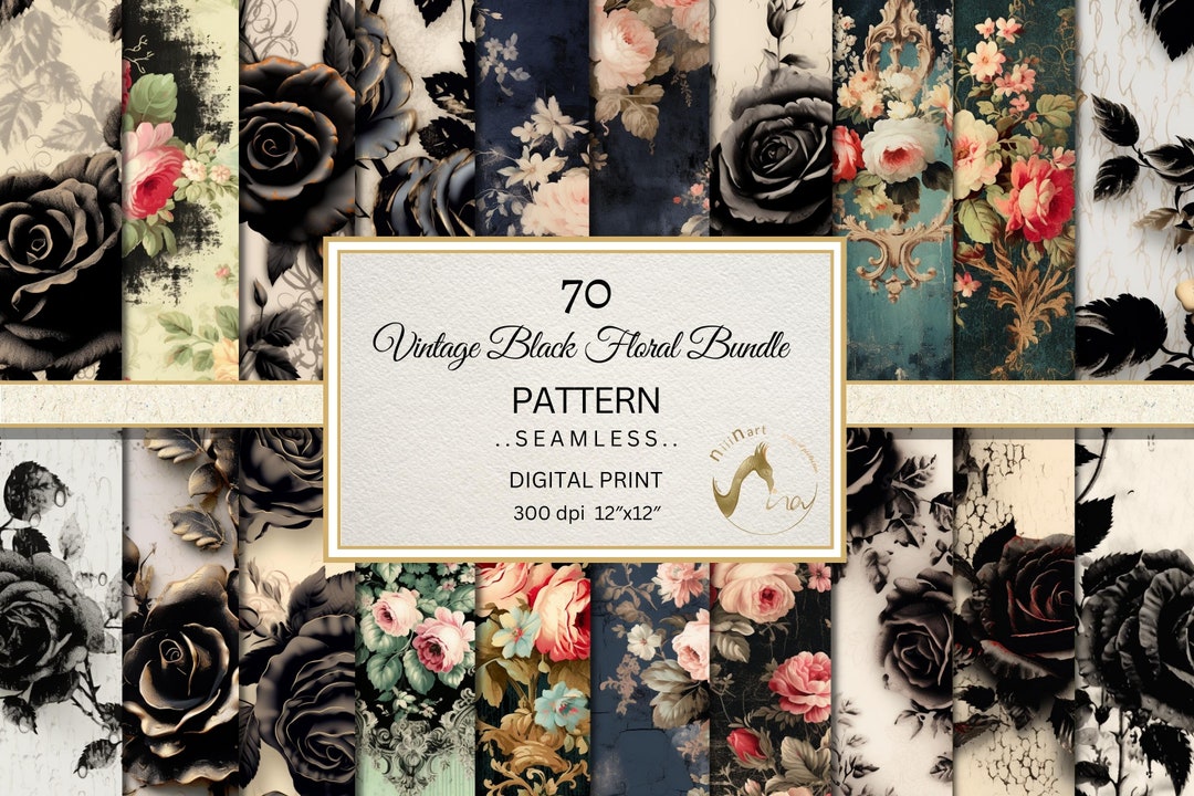 Seamless Vintage Black Flowers Digital Paper Bundle, Halloween Floral ...