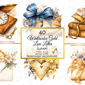 Op de afbeelding: Waterverfillustraties met goudkleurige objecten, waaronder een zakhorloge, een geschenkdoos met een blauwe strik, een stapel boeken en een envelop met bloemstukken. De tekst luidt "40 Watercolor Gold Love Letter Clipart".
