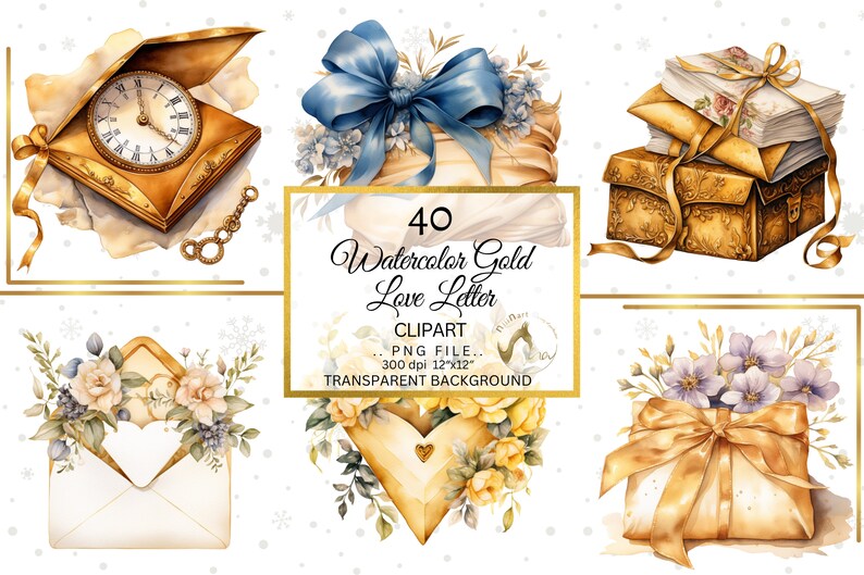 Op de afbeelding: Waterverfillustraties met goudkleurige objecten, waaronder een zakhorloge, een geschenkdoos met een blauwe strik, een stapel boeken en een envelop met bloemstukken. De tekst luidt "40 Watercolor Gold Love Letter Clipart".