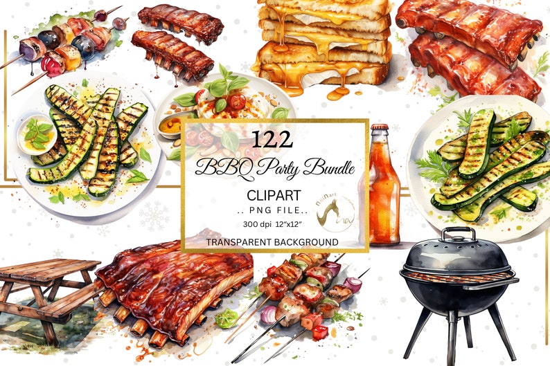 Watercolor BBQ Clipart Bundle, Food Illustrations (PNG) - Etsy