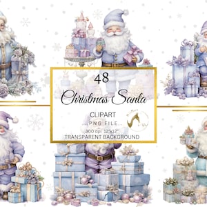 48 PNG Aquarell Weihnachtsmann Clipart, Weihnachten Clip Art Bundle, Winterurlaub Grafik png, Xmas Noel Sublimation, lila Weihnachten PNG