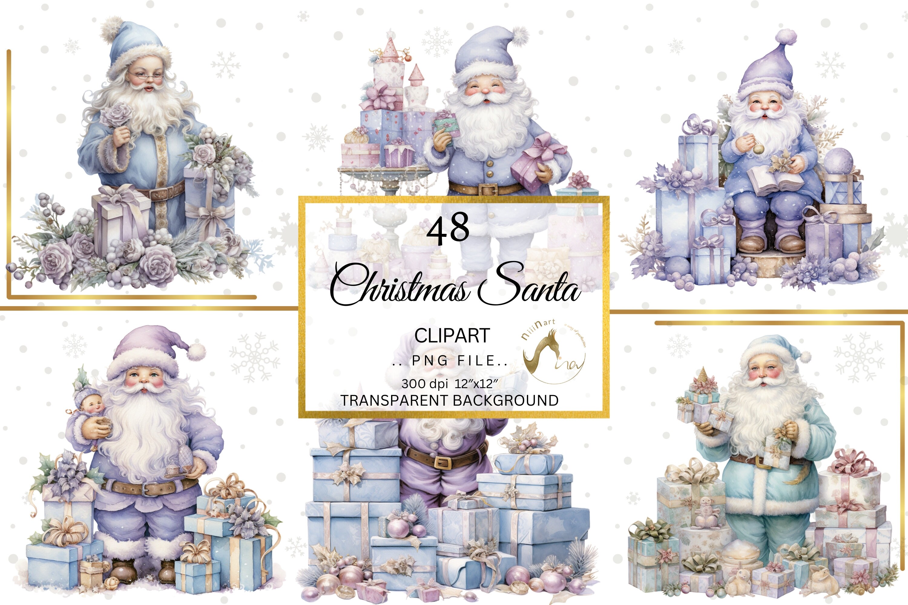 48 PNG Watercolour Santa Claus Clipart, Christmas Clip art Bundle, Winter Holiday graphic png, Xmas Noel Sublimation, Purple Christmas PNG