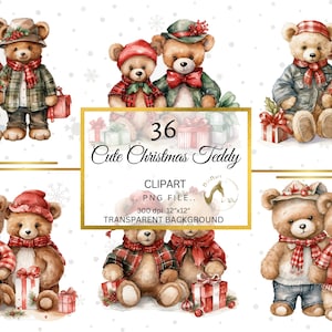 Kerst teddybeer cliparts, aquarel winter teddybeer clipart bundel, teddy paar clipart, baby shower, kinderdagverblijf decor, commercieel gebruik