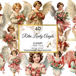 Op de afbeelding: Een set van 40 digitale clipart-afbeeldingen met retro-engelen met vleugels, die rozen en harten vasthouden. De afbeeldingen hebben een transparante achtergrond en zijn 300 dpi.