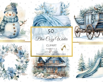 Pode incluir: Um conjunto de 50 imagens clipart de inverno azul que incluem um boneco de neve, uma cama, uma carruagem, uma coroa, uma cabana e um escorregador. As imagens têm um fundo transparente e são de 300 dpi.
