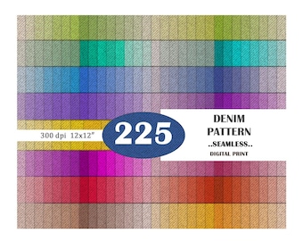 225 naadloze regenboogdenimpatronen, 12 x 12 digitaal papier (JPG)