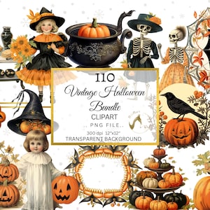 Pacchetto di clipart di Halloween, immagini vintage PNG di clipart ad acquerello, decorazione di Halloween, arte di sublimazione, clip art di strega, grafica del gatto nero
