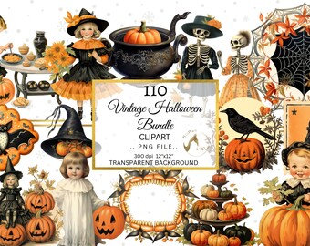 Vintage Halloween Clipart Bundle, Watercolor PNG Images (Digital Download)