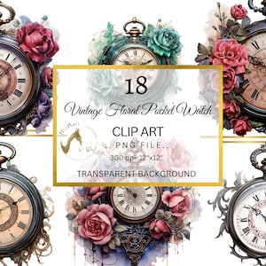 懐中時計のクリップアート PNG 懐中時計のクリップアート、ヴィンテージ フローラル 懐中時計 PNG、懐中時計のクリップアート、印刷可能な水彩画の時計の壁アート