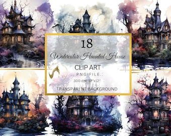 Watercolor Haunted House Clipart, Halloween PNG Files (Digital Download)