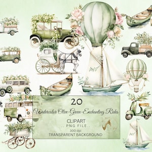 Clipart di giostre verde oliva ad acquerello, grafica digitale png Olive Decor, clipart di auto d'epoca, clipart di barche, clipart di carrozze, clipart di palloncini