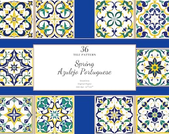 Azulejo Portuguese Tile Patterns, Floral Mosaic, Blue Yellow Green (Digital Download)