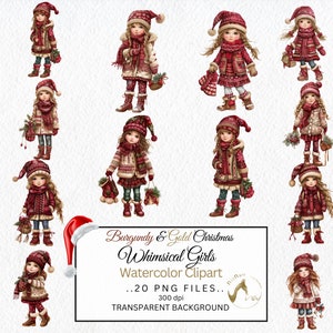 Clipart di ragazza di Natale stravagante ad acquerello, clipart di ragazza di Natale, bambina in abiti natalizi, ragazze carine figurative rosse e dorate