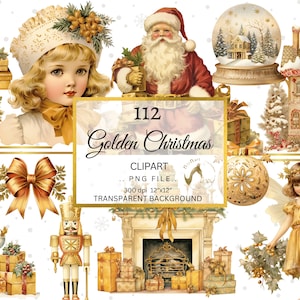 Pacchetto PNG di Clipart di Natale dorato dell'acquerello, Clipart di cartoline di Natale invernali d'oro, Natale d'oro, Vacanze d'oro, PNG di Natale d'oro, Babbo Natale d'oro