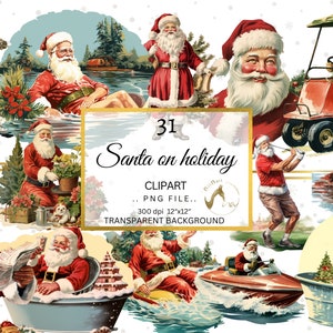 Imágenes Prediseñadas de Santa en vacaciones, imágenes divertidas de Santa, imágenes prediseñadas de tarjetas, imágenes prediseñadas retro, imágenes navideñas, paquete de imágenes prediseñadas de Santa en vacaciones, PNG de vacaciones